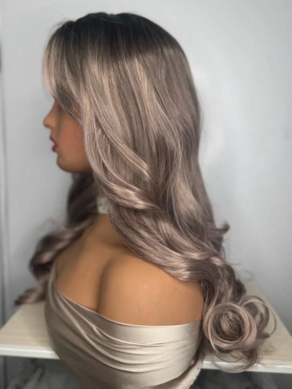 26” Long Wavy Synthetic Wig with Bangs – Ash Brown / Smoky Blonde Blend - Picture 5 of 13